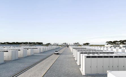 A render of rows of grid-scale battery storage units