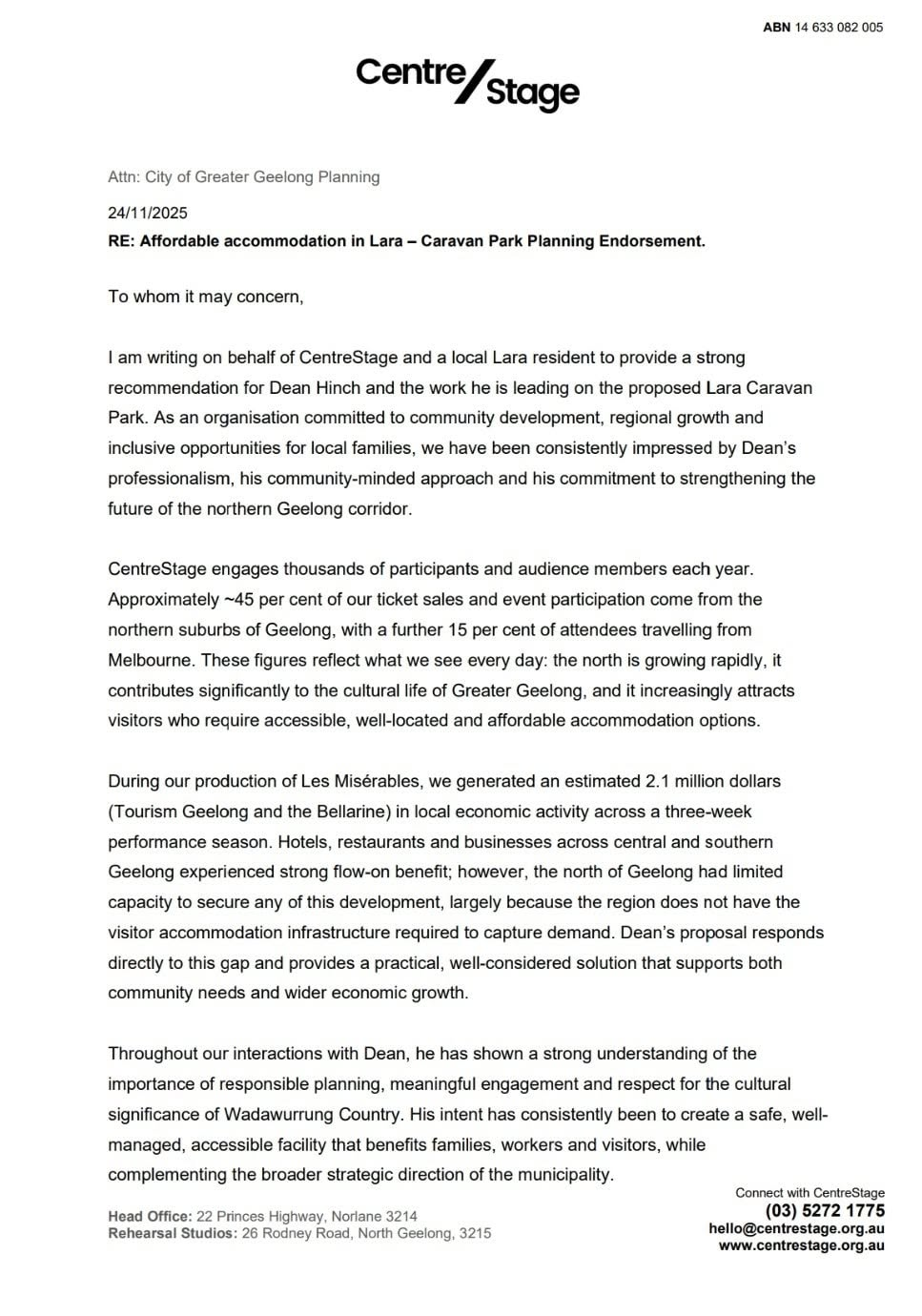 Page one of the CentreStage letter of support for the Lara Caravan Park planning application