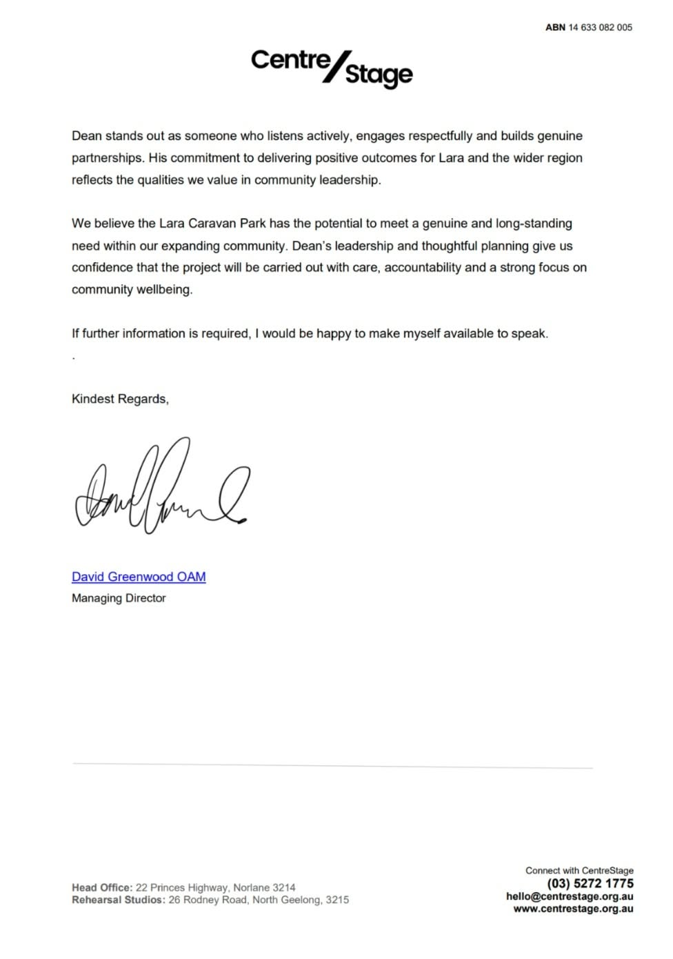 Page two of the CentreStage letter of support, signed by David Greenwood OAM