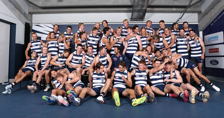The Geelong Football Club playing group photographed in the rooms at GMHBA Stadium
