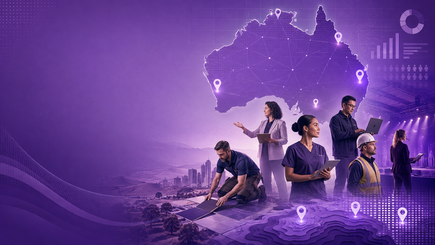 A map of Australia above regional workers — a specialist floor installer, a nurse, an IT technician, a construction worker and a live performance producer
