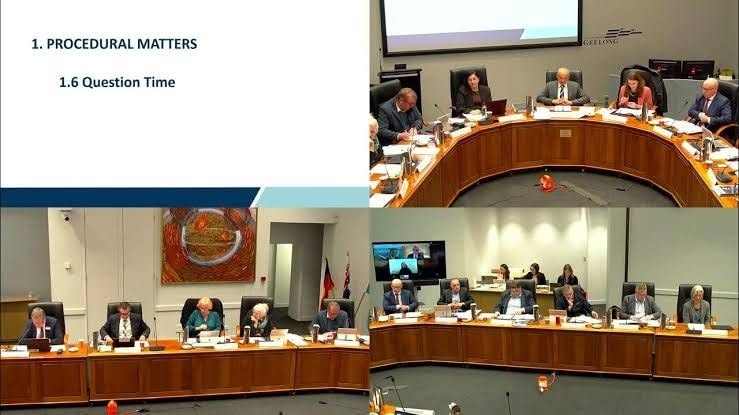 The Geelong council chamber during question time, shown on the meeting live stream