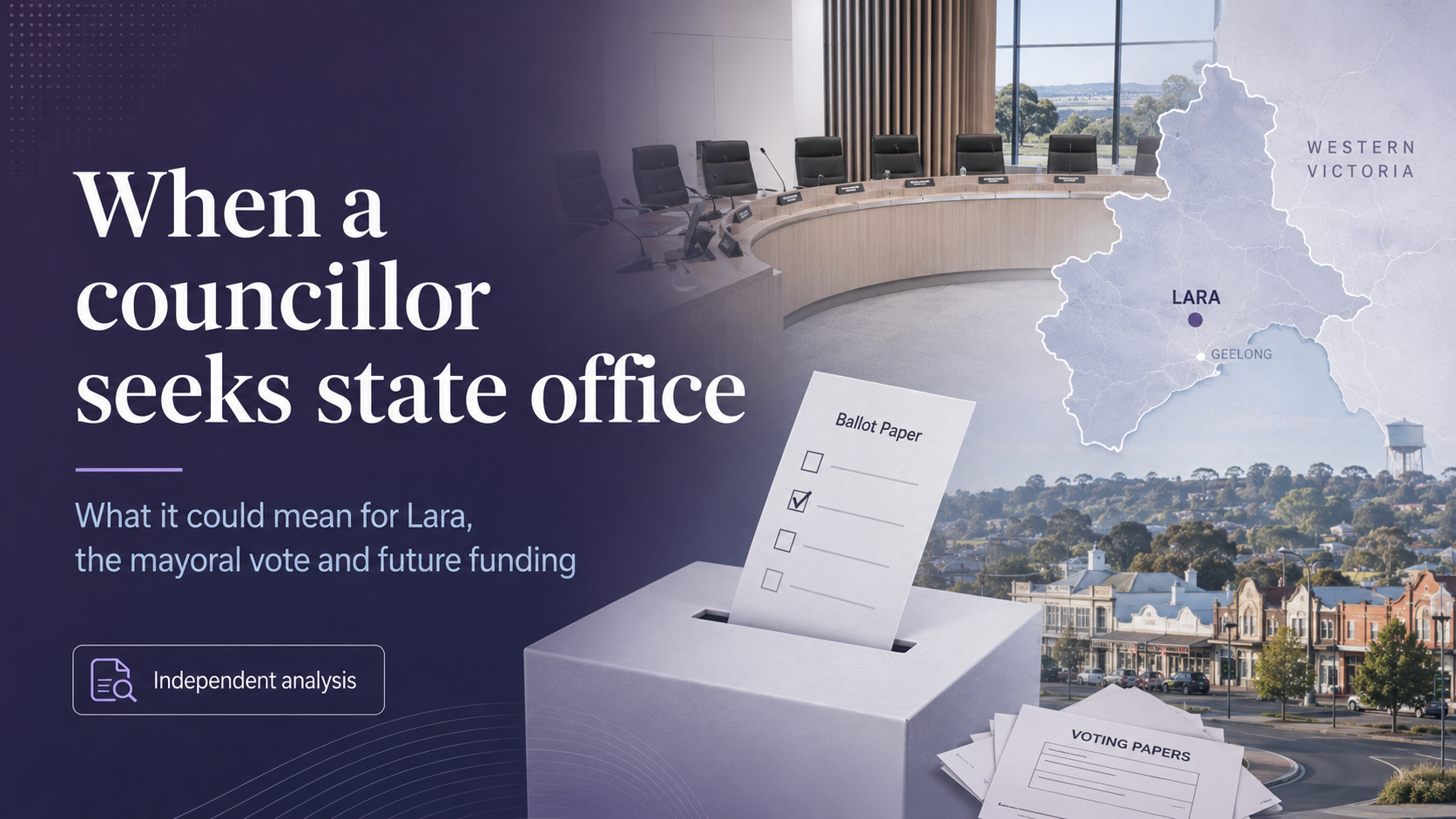 When a councillor seeks state office — a council chamber, a ballot box and a map of the Western Victoria Region showing Lara