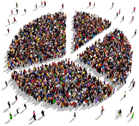 A crowd of people arranged to form a pie chart, illustrating demographic data