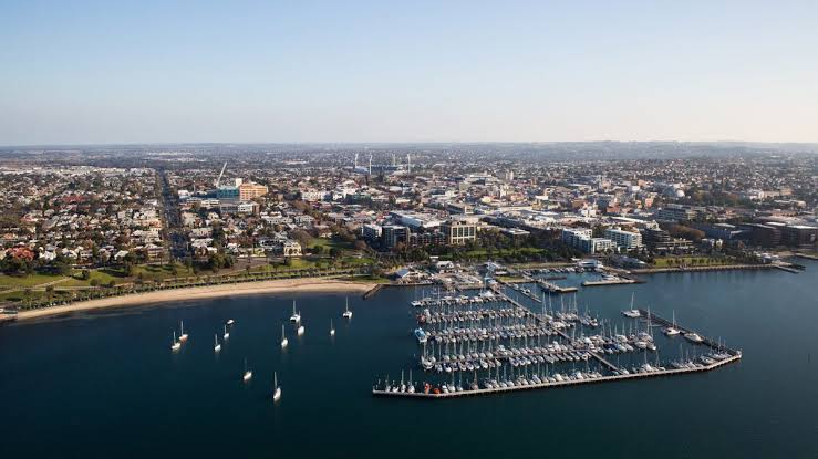 Aerial view of Geelong, Corio Bay and the marina