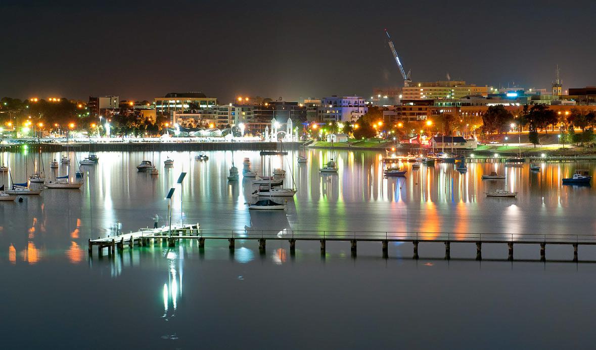 Geelong waterfront at night, lights reflected across Corio Bay