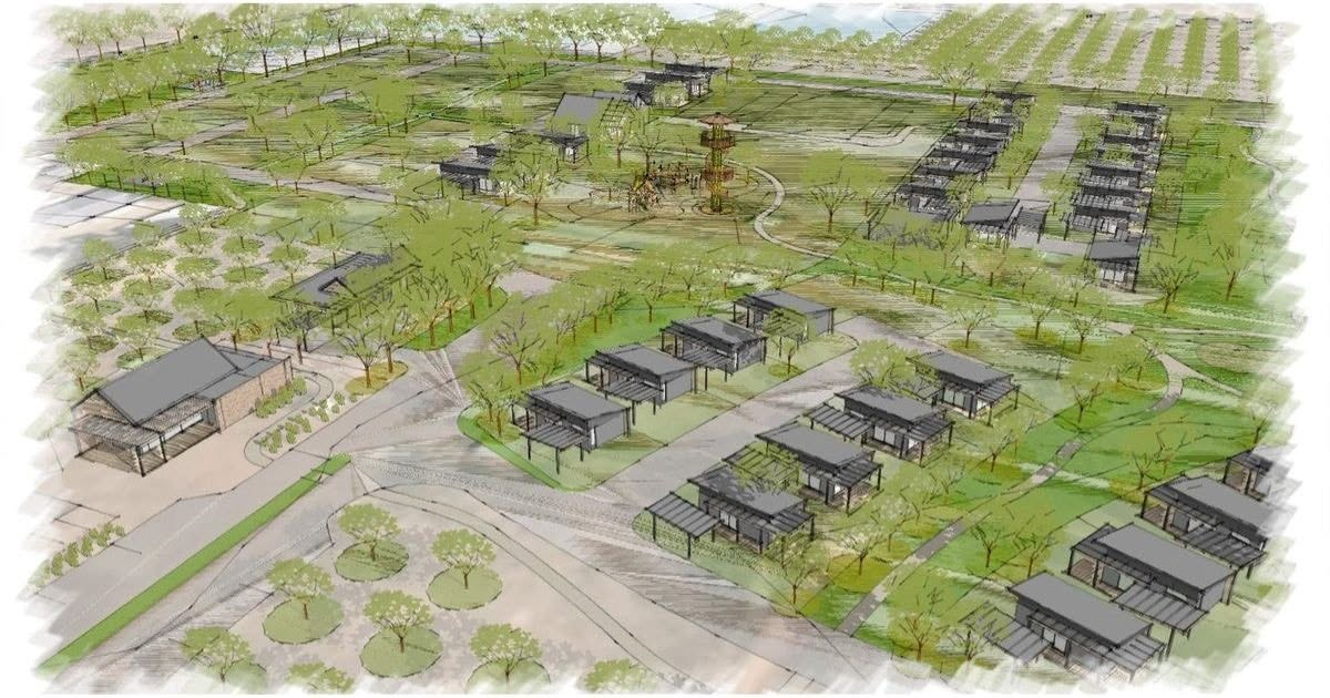 Aerial concept sketch of the proposed Lara Caravan Park showing cabins, powered sites, landscaped grounds and a central play tower