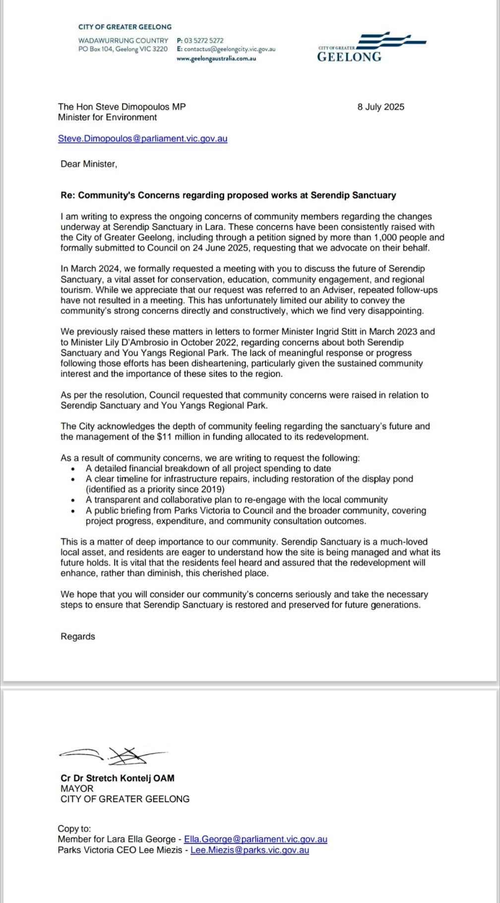 Letter from the Mayor of the City of Greater Geelong to the Minister for Environment regarding community concerns about Serendip Sanctuary