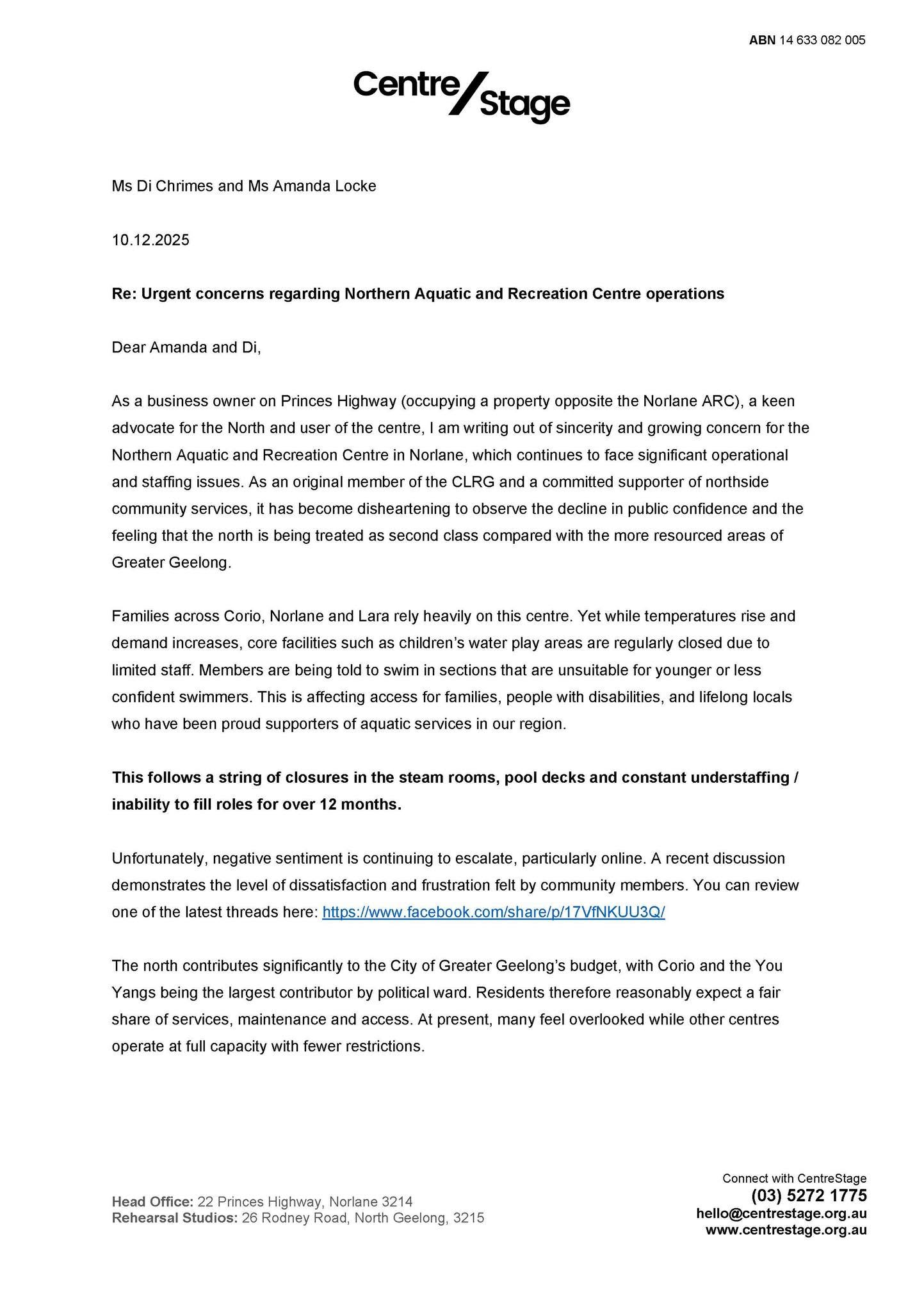 Page one of the letter to Council regarding Northern Aquatic and Recreation Centre operations