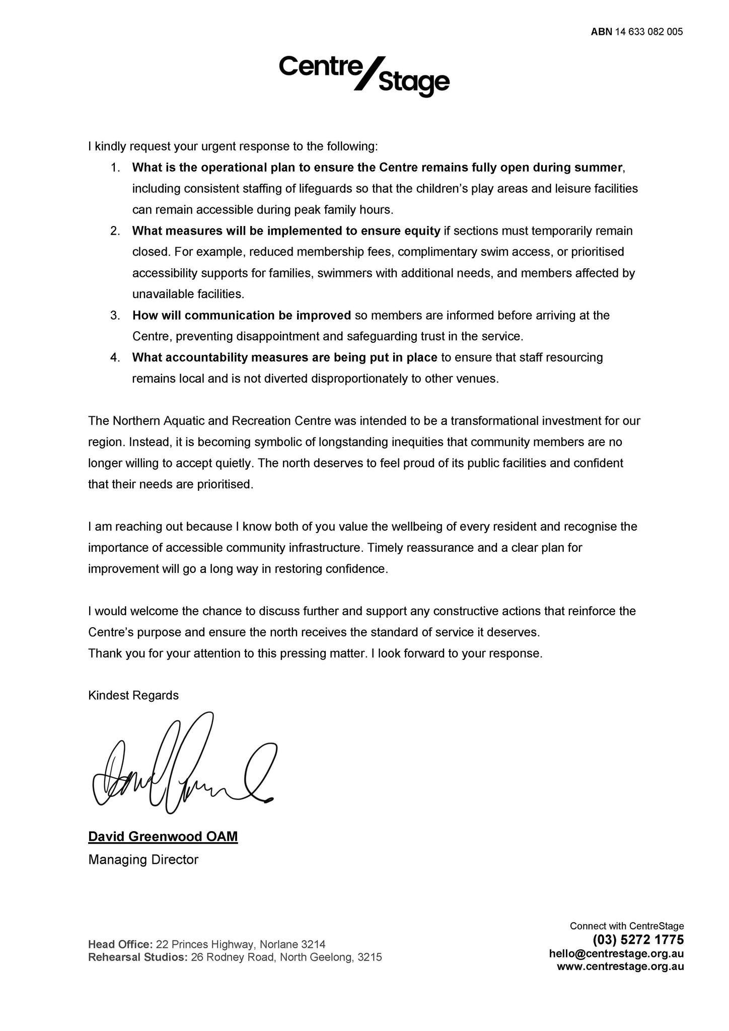 Page two of the letter to Council, listing four requests and signed by David Greenwood OAM