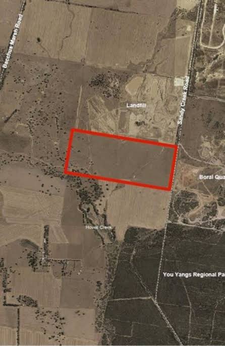 Aerial map showing the proposed Sandy Creek Road site boundary, the Boral quarry, Hovell Creek and the You Yangs Regional Park