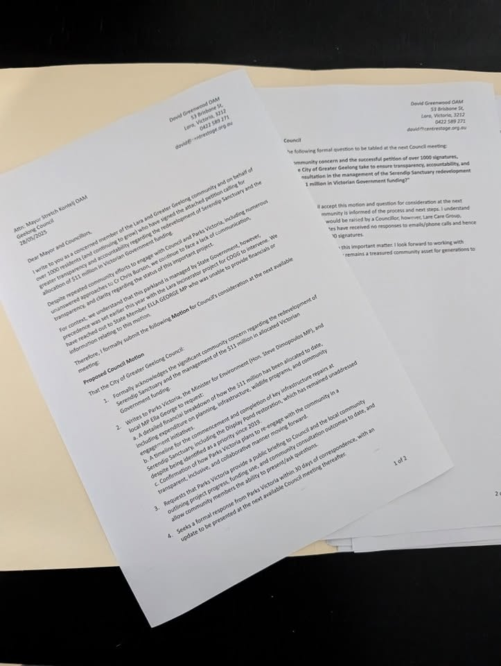 The printed motion and formal questions submitted to Council regarding Serendip Sanctuary