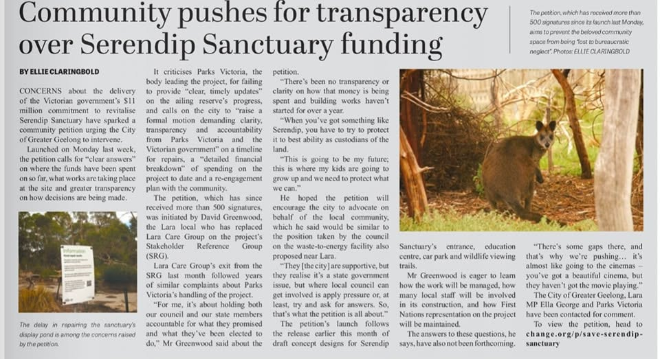 Newspaper article headlined Community pushes for transparency over Serendip Sanctuary funding, with a photograph of a kangaroo at the sanctuary