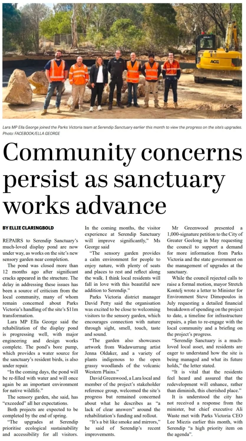 Newspaper article headlined Community concerns persist as sanctuary works advance
