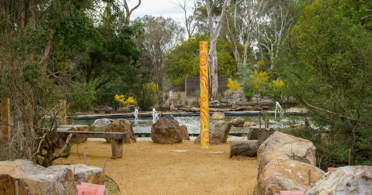 A water feature and Wadawurrung art pole at Serendip Sanctuary, Lara