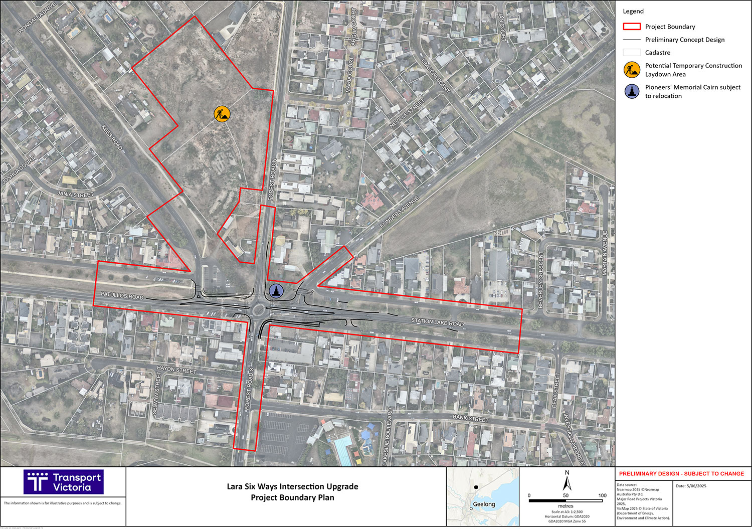 Aerial project boundary plan for the Lara Six Ways upgrade, showing the work zone along Patullos Road, Station Lake Road and Forest Road, plus a laydown area to the north-west
