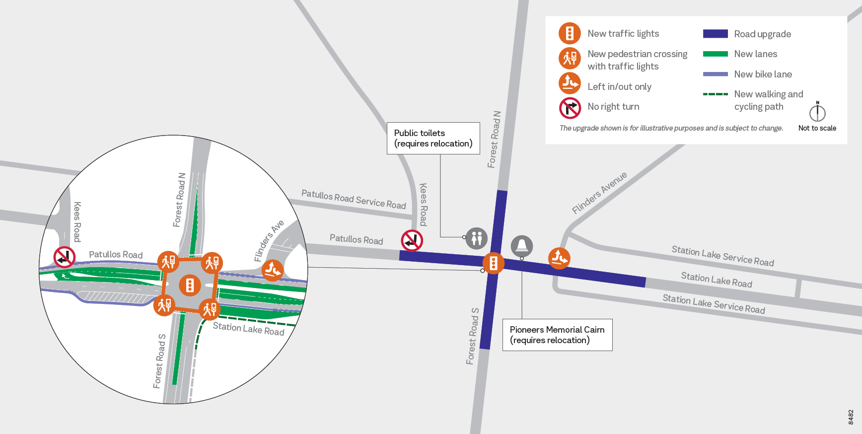Transport Victoria concept map of the Six Ways upgrade showing new traffic lights, pedestrian crossings, new lanes and turn restrictions