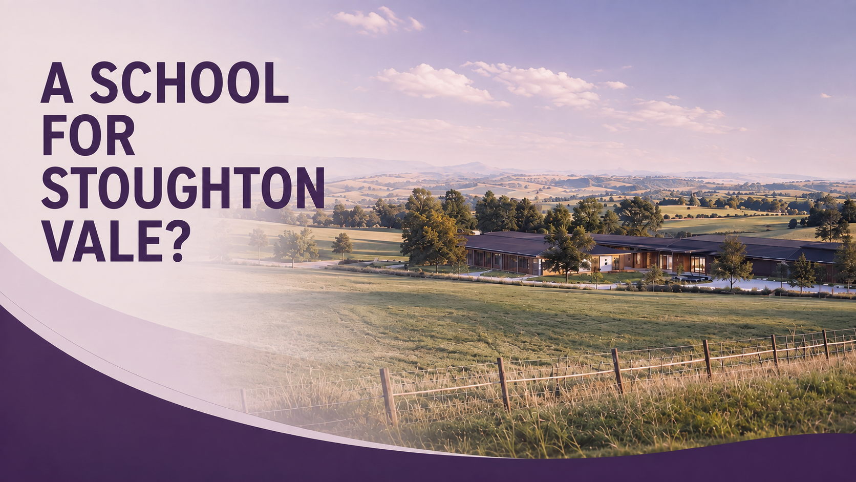 A school in Staughton Vale? — a low school building set into rolling rural farmland