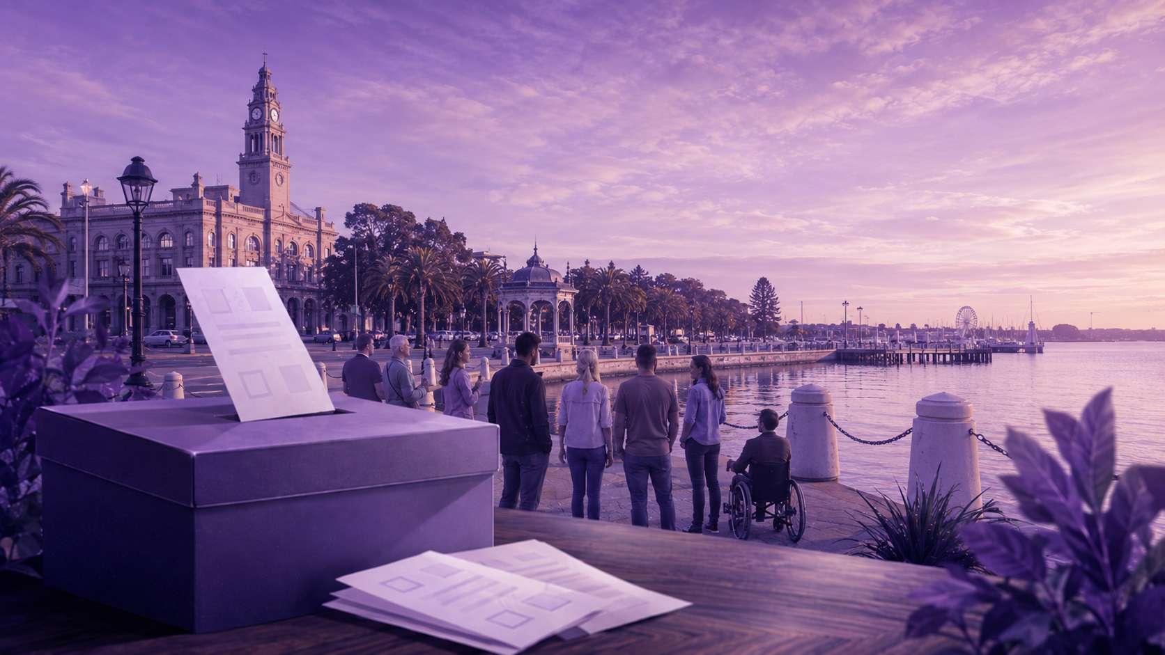 A ballot box on the Geelong waterfront at dusk, with residents gathered along the pier looking out over Corio Bay